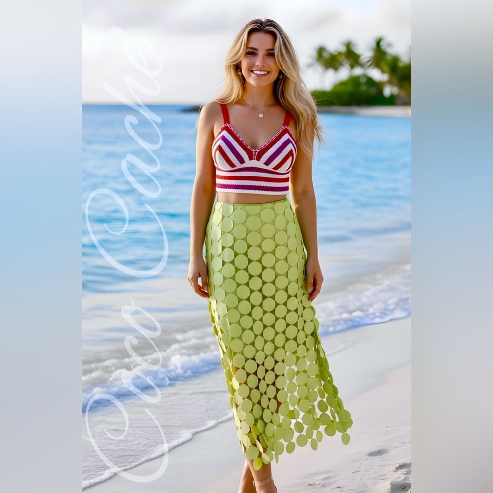 Green Laser Cut Multi Circle Double Layer Tassel Midi Skirt